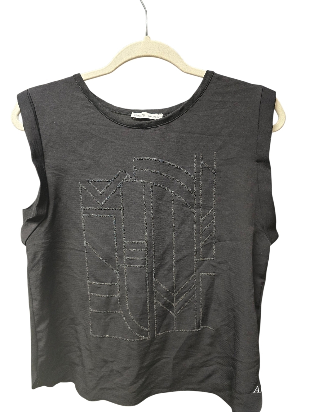 Zara Crepe Black Sheer Back Beaded Geometric Detail Muscle Tee SZ S